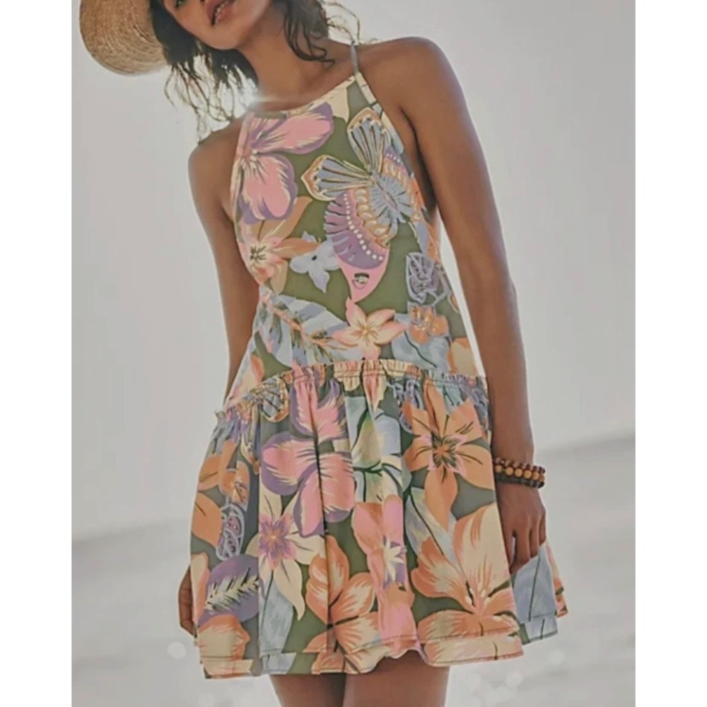 Free People Tropical Floral Drop Waist Mini Dress Blue Pink OB2027840 XL